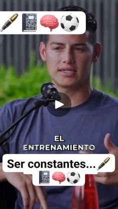 a man speaking into a microphone in front of an image of soccer balls and other sports related items