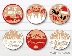 six wooden christmas ornaments with merry words and santa's sleigh on them