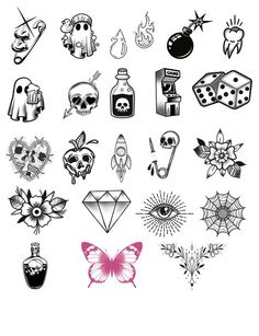 a collection of tattoo designs on white paper with black and pink accents, including skulls