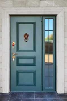 a blue door with a lion head on it