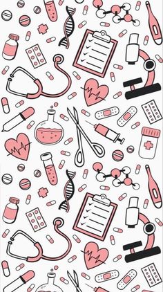 the word farmacia surrounded by various medical items and symbols in pink, black and white