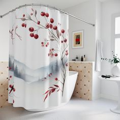 a white bathroom with a shower curtain decorated with red berries and watercolors on it