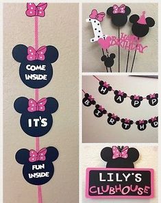 minnie mouse birthday party decorations with pink and black