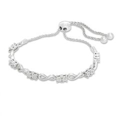 On-trend and so elegant, this bolo bracelet takes any look up a notch. Fashioned in sleek sterling silver, this bracelet features polished infinity symbol-shaped links alternating with duos of shimmering diamond accents, creating an eye-catching look she'll love. Smart and stylish, she can wear one, two or more bolo designs together to create a look all her own. Polished to a brilliant shine, this wheat chain bracelet adjusts from 5.75 to 9.5 inches in length and secures with a bolo clasp. Bolo Bracelet, Gold And Silver Bracelets, Bridal Fashion Jewelry, Peoples Jewellers, Diamond Bracelets, Love You Forever, Diamond Stone, Bracelet Designs, Beautiful Fashion