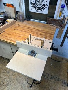 a workbench is being built in a workshop