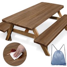 a wooden picnic table and bench with cleaning cloth