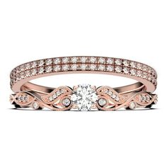 a rose gold wedding ring set with an intricate design and round brilliant diamonds on the band