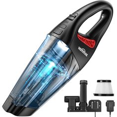 a black and blue vacuum with its light on