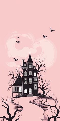 a creepy house with bats flying over it and trees in the foreground, on a pink background