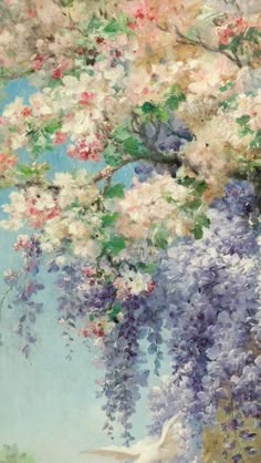 an oil painting of flowers and birds in the sky by a tree with white doves