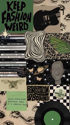 a collage of various records and stickers with words on the cover, including an image of a record player