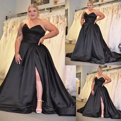 Plus Size Wedding Dresses With Slit Black Satin Strapless A Line Bridal Gowns | eBay Black Wedding Dresses Plus Size, Black Satin Wedding Dress, Plus Size Black Wedding Dress, Black Plus Size Wedding Dress, Bridal Gowns Satin, Goth Wedding Dress, Boho Bride Dress, Plus Size Ball Gown, Curvy Wedding