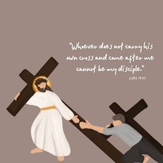 a man holding the hand of a person on top of a cross with a quote from luke