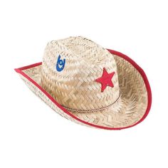 Let your child be sheriff for the day with a little imagination and help from this economy style cowboy or cowgirl sheriff hat. The economy style child's sheriff straw hat features a sheriff star on the front, two horseshoes on either side and red or blue trim around the brim - each are sold separately. Also features a chinstrap to help keep the hat secure through any adventure. Let your little one's imagination run wild, wild west that is, in this children's Sheriffs Straw Hat. Perfect for Hall Country Style Costume Hats And Headpieces For Summer Rodeo, Country Style Summer Costume Hats For Rodeo, Sheriff Hat, Sheriff Star, Western Costumes, Wild Wild West, Childrens Hats, Cowgirl Hat, Cowboy Cowgirl