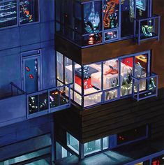 a painting of a building with lots of windows and lights on the top floor at night