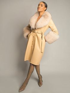 Color: Tan Faux Fur Collar Material: Sheepskin Fully Lined Belt Included Lining: Polyester Single Breasted Sample Size: S Delicate dry clean Protect accessory before washing Made-to-order (MTO) style Please allow additional 3-5 days for MTO order to be processed Style № ZC_NYC23_Foxy Leather Coat w/ Fox Fur In Tan Styled with Z' Diamante Detail Over The Knee Boot Elegant Fitted Sheepskin Fur Coat, Elegant Mink-colored Leather Outerwear, Formal Leather Fur Coat With Faux Fur Lining, Formal Leather Fur Coat With Faux Fur Trim, Elegant Leather Fur Coat For Winter, Elegant Cream Leather Outerwear, Classic Leather Fur Coat, Knee Boot, Denim Blazer