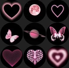 the different shapes and sizes of heart shaped objects are shown in this image, with pink light