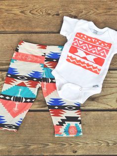 Bright Coral and Teal Native Print by TheGoldenSparrowShop on Etsy Amanda Peterson, Baby Ellie, Funny Onesie, Coral And Teal, Native Print, Baby Leggings, Baby Outfit