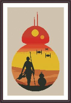 a cross stitch pattern with a man standing in front of an alien ship