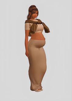 the pregnant woman is wearing a skirt and top