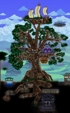 an image of a tree with lots of different things in the trees and buildings around it