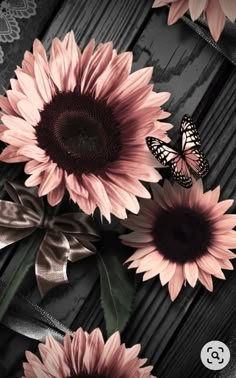 some pink sunflowers and a butterfly on a wooden table