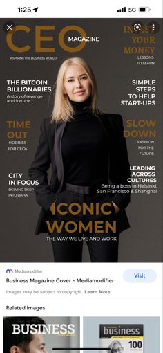 the front page of a magazine with an image of a woman in business attire on it