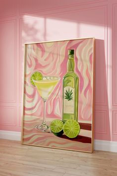 a painting of a bottle of alcohol and a glass with a lime slice on it