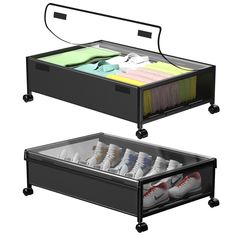 an open drawer with two pairs of shoes in it and the bottom one filled with socks