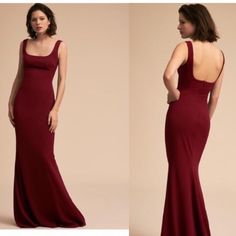 two pictures of a woman in a long red dress, one is wearing a halter top and the other has a low back