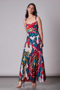 Printed Maxi Dress Indian, Maxi Dress Indian, Maxi Dress Online, Indian Fashion Designers, Pleated Maxi Dress, Pleated Maxi, Draped Dress, Printed Maxi