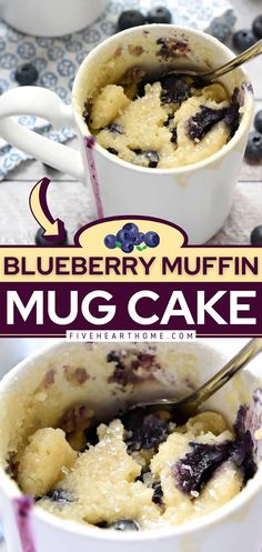 blueberry muffin mug cake in a white bowl with spoons on the side