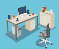 an office desk with a computer on it and a chair in front of the desk