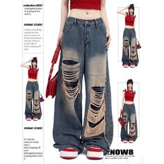 Mopping Style Wide Leg Baggy Jeans - true-deals-club Baggy Cotton Grunge Jeans, Baggy Ripped Pants For Fall, Edgy Baggy Denim Blue Bottoms, Oversized Ripped Bottoms For Streetwear, Oversized Grunge Denim Bottoms, Baggy Ripped Cotton Pants, Oversized Ripped Wide-leg Bottoms, Baggy Distressed Cotton Bottoms, Ripped Cotton Pants Full Length