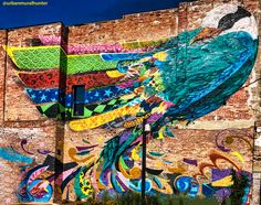 a large mural on the side of a building with colorful birds painted all over it