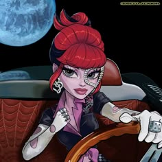 a woman with red hair sitting in a car next to the moon and holding a steering wheel