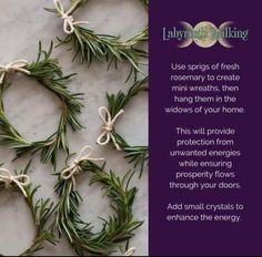 rosemary wreaths tied with twine and rope on marble background, text describing use sprigs of fresh rosemary to create hanging them in the windows of your home