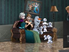 the frozen queen and her family are sitting in their living room with snowmen on the floor