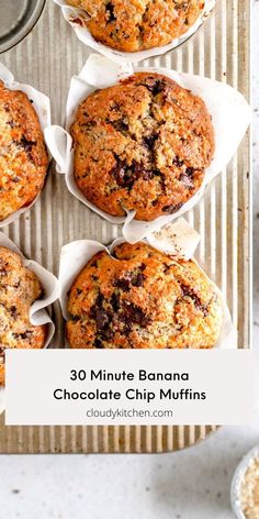 banana chocolate chip muffins on a baking sheet with text overlay that reads 30 minute banana chocolate chip muffins