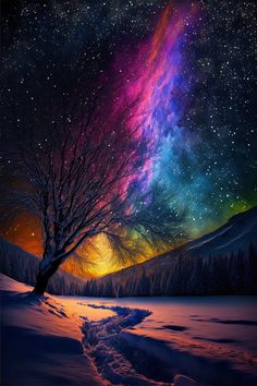 a painting of a tree in the snow under a night sky filled with stars and colorful lights