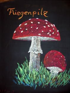 a chalk drawing of two mushrooms on a blackboard with the words higenplie written below it