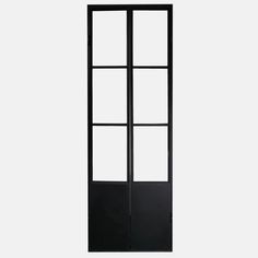 an open glass door with black frame and metal handle on the bottom half, against a white background