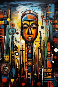 an abstract painting with lots of different colors and shapes on the face, including circles