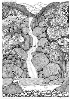 a black and white drawing of a waterfall surrounded by trees, rocks, and bushes