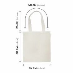 a white tote bag with measurements for the front and back sides, on a white background