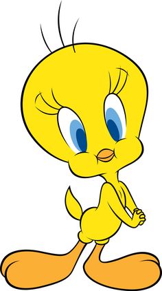 a cartoon yellow bird with big blue eyes and an orange tail, sitting on one leg