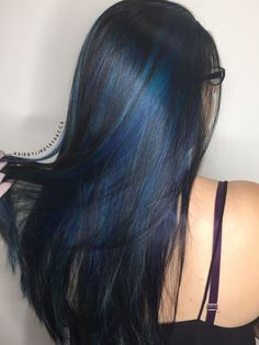 blue and black hair Dark Blue Layered Hair, Black Hair Colorful Highlights, Blue Balayage On Brown Hair, Blue Highlights In Dark Brown Hair, Dark Blue Skunk Stripe Hair, Blue Hair Inspo Color, Black Hair With Blue Strands, Highlight Blue Hair, Blue Strands In Hair