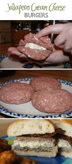 there are pictures of different types of burgers on the plate and in front of them