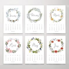 four calendars with watercolor flowers and leaves on them, each showing the month