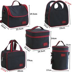 four different types of lunch bags with measurements for each bag and the same size to fit them